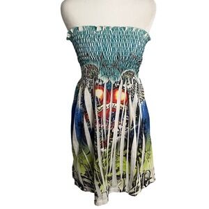 Y2k Dress Strapless Mini Colorful Tattoo Print Smocked Top‎